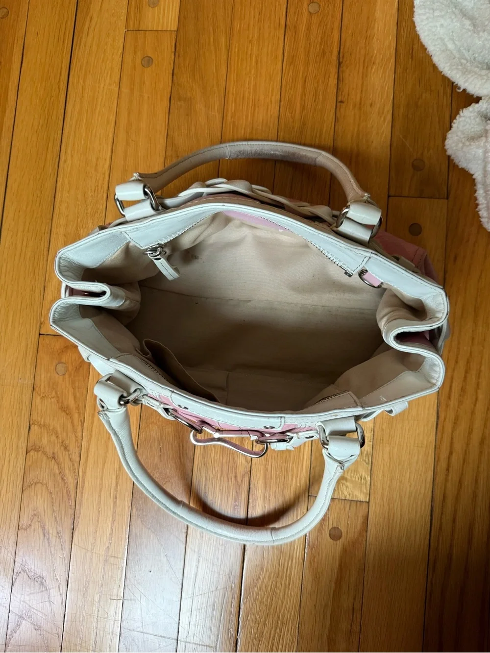 Coach Pink and White Leather Shoulder Tote with Horsebit Accent